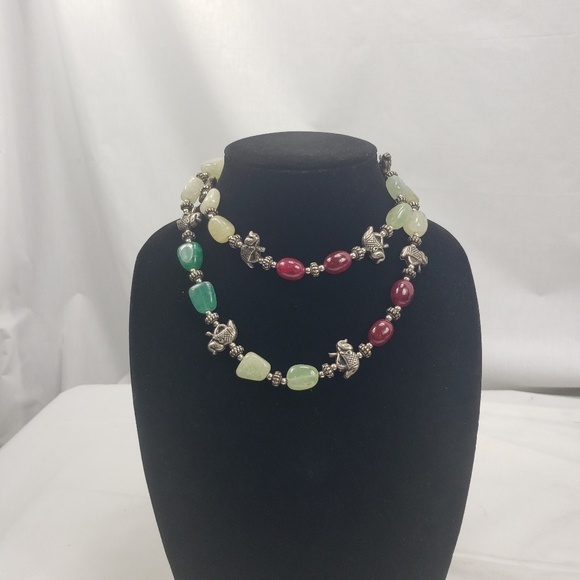 Silver And Multi Color Bead and Stone Necklace with Elephant Charms - Picture 2 of 6